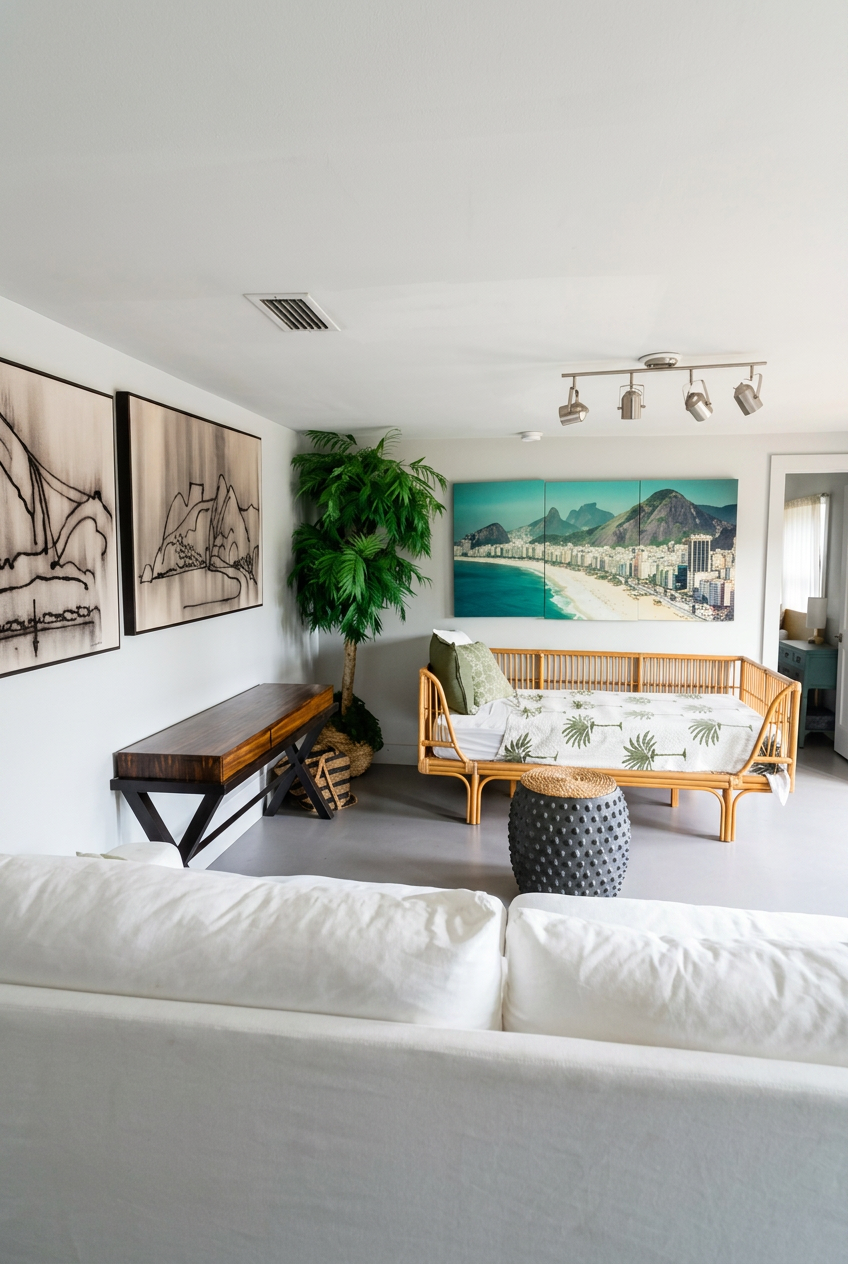 Living room with Rio Copacabana triptych and rattan daybed