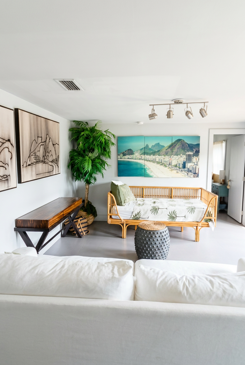 Living room view with Copacabana art and tropical plant