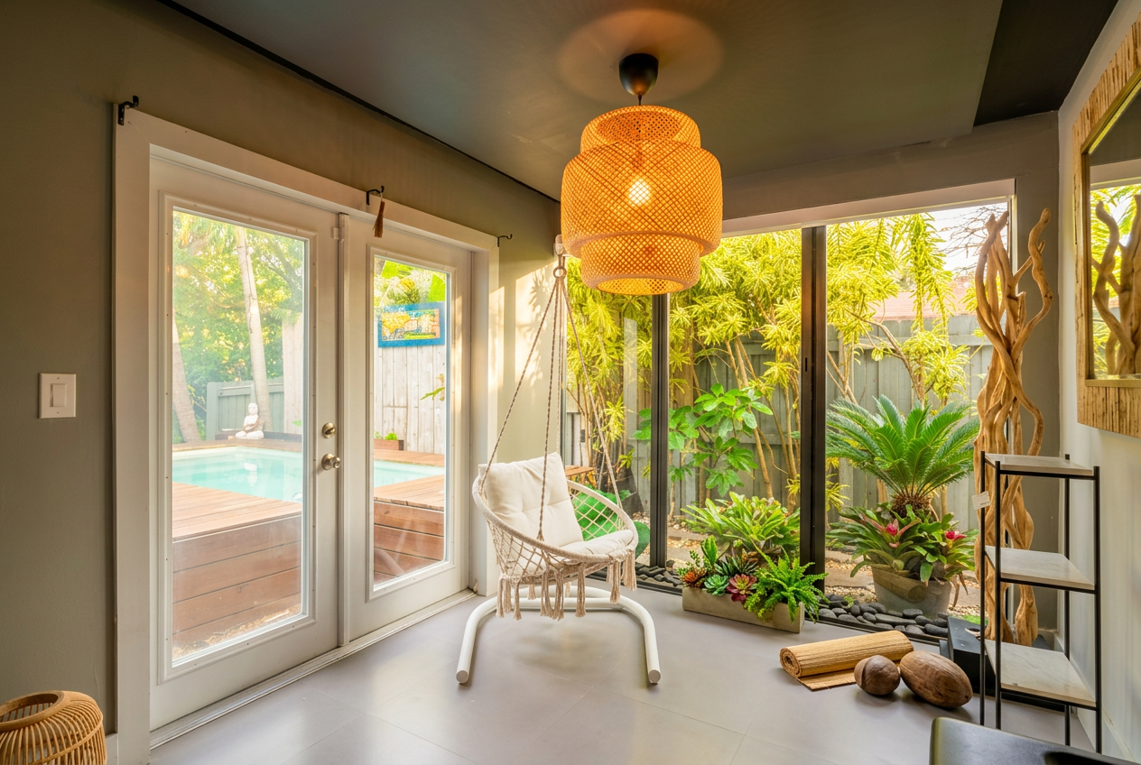Sunroom den with hanging macrame chair, rattan pendant, and pool view