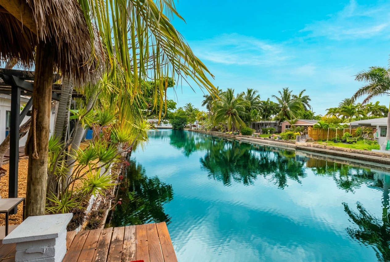 Canal view with palm trees