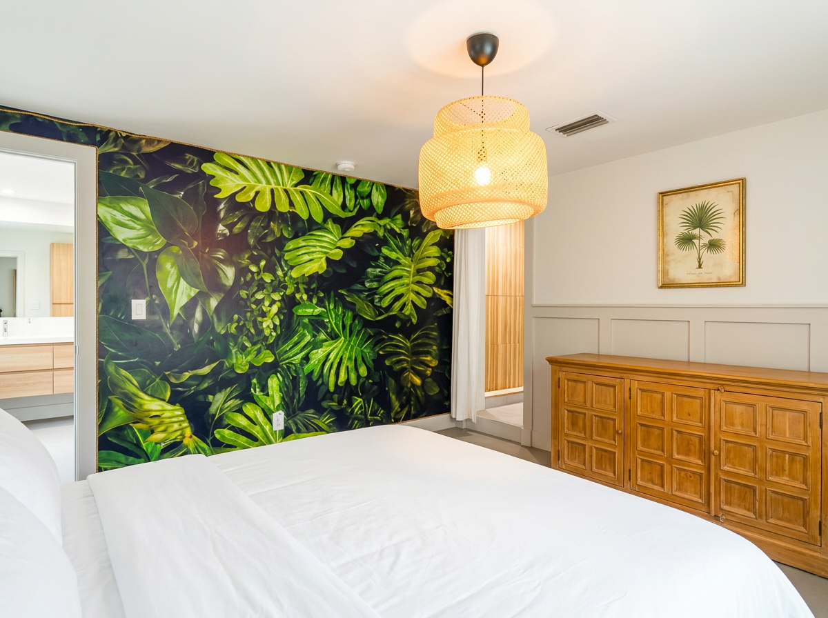 Bedroom with vibrant monstera mural wall