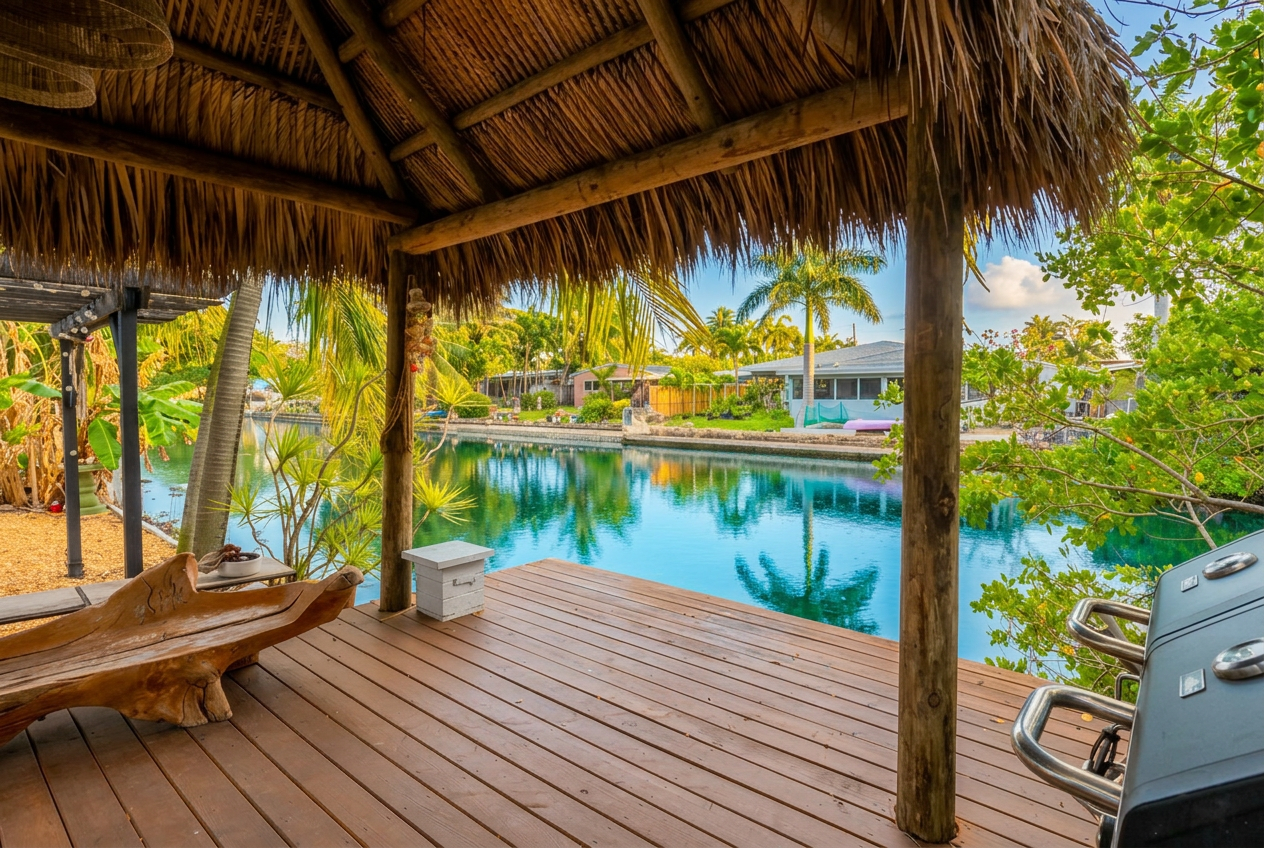 Tiki dock at golden hour over the canal