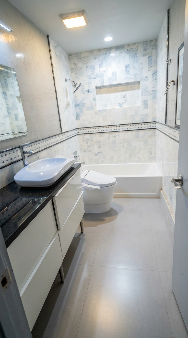 Second full bathroom with marble shower, soaking tub, and modern vessel sink