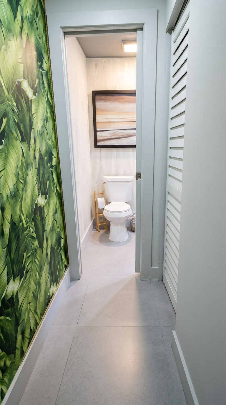 Half bathroom with tropical monstera wallpaper and framed beach art