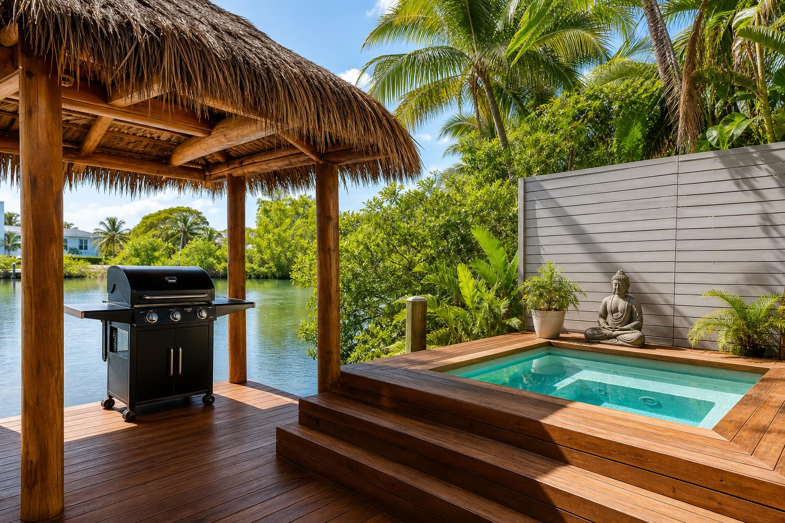 BBQ grill under the tiki hut by the jacuzzi