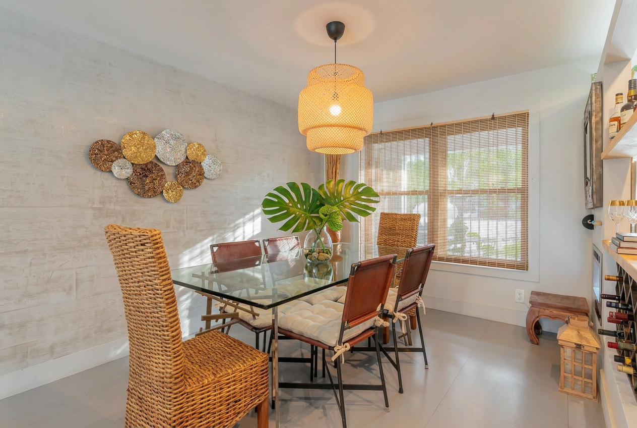 Tropical dining nook with rattan pendant
