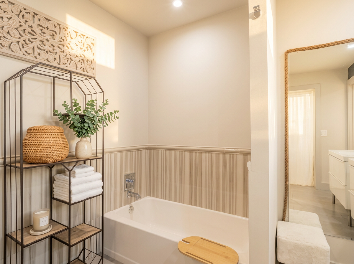 Soaking tub corner with eucalyptus and candles