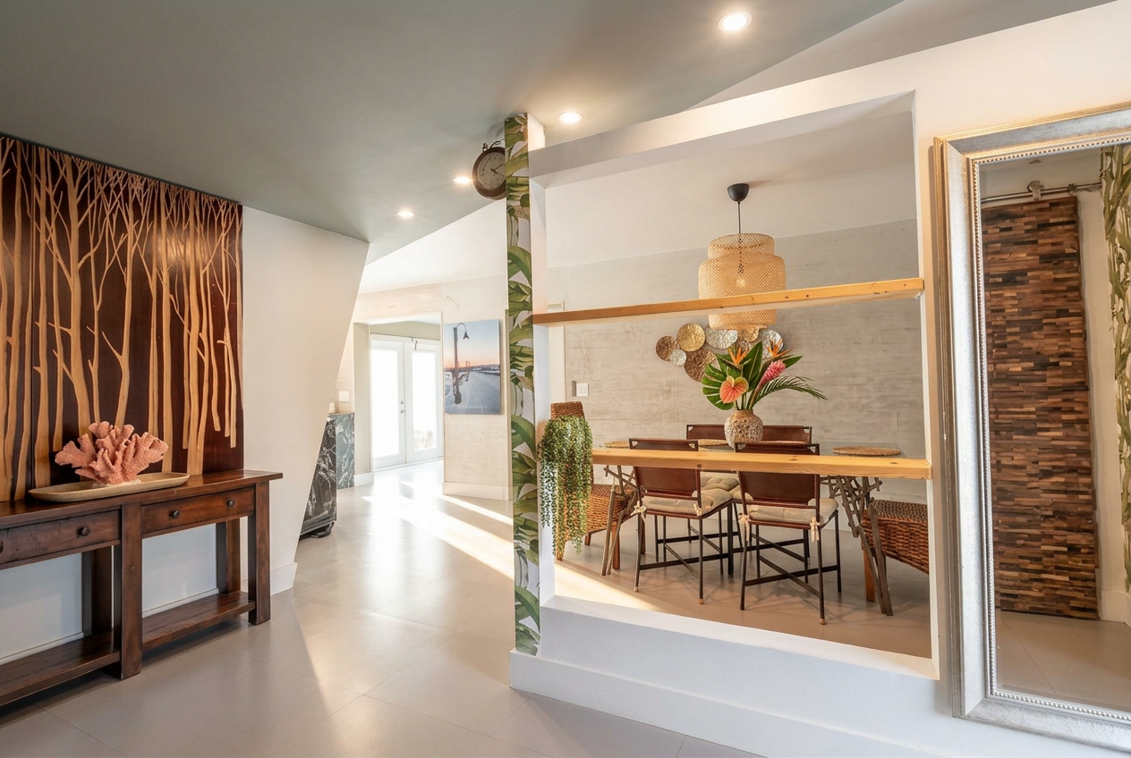 Open living and dining with tropical accents