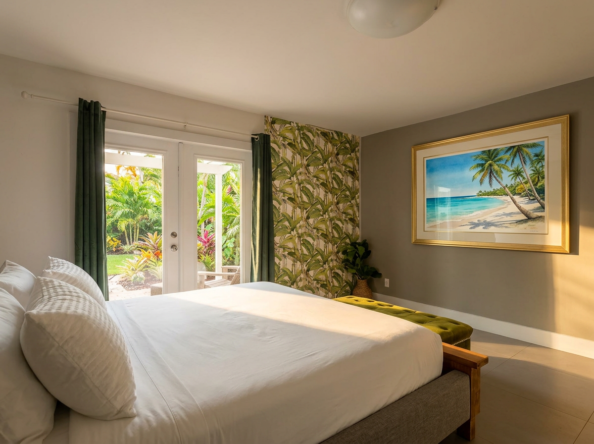 Bedroom with french doors to a tropical patio