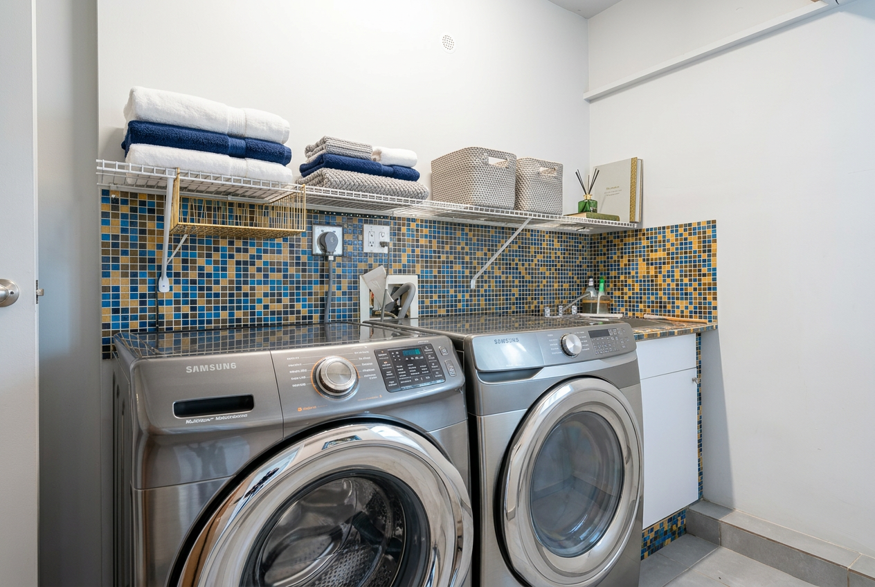 Laundry room with full-size washer and dryer and mosaic backsplash