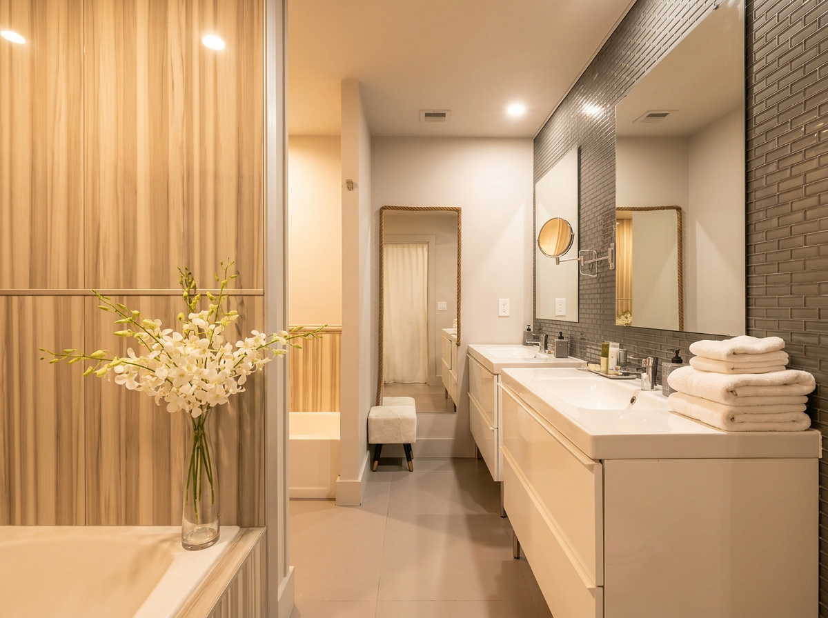 Spa double vanity with fresh orchids