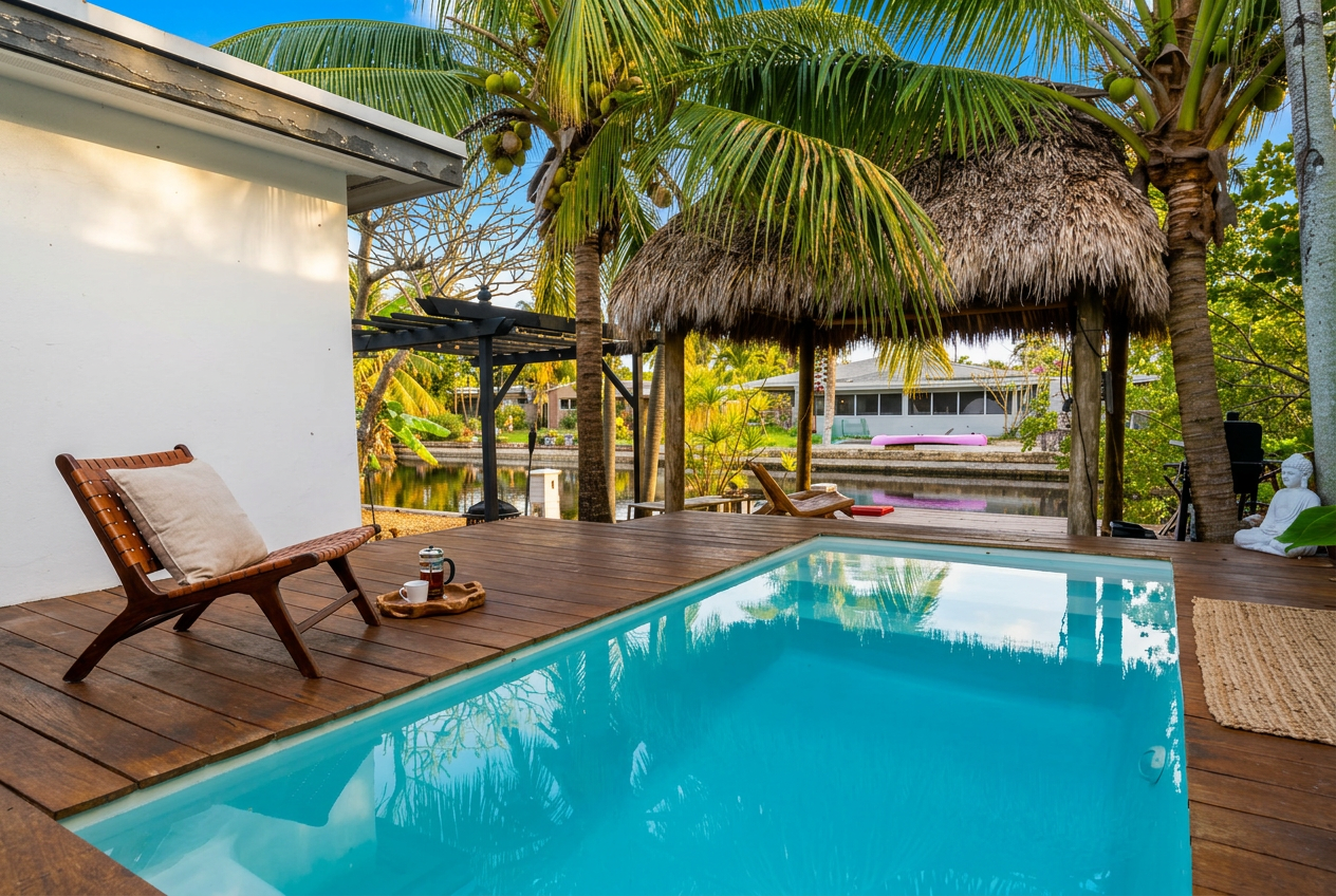 Pool deck with canal view