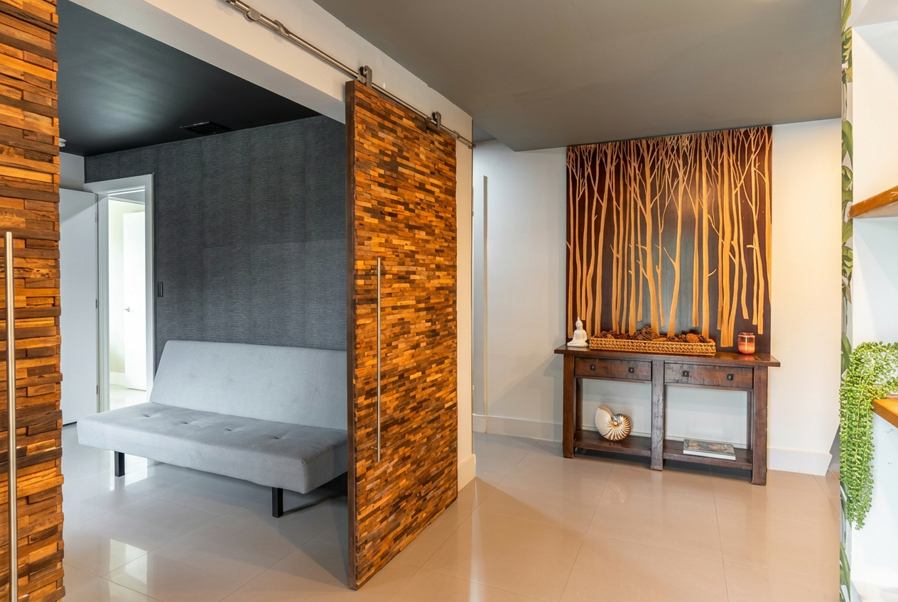 Lounge with reclaimed wood barn door