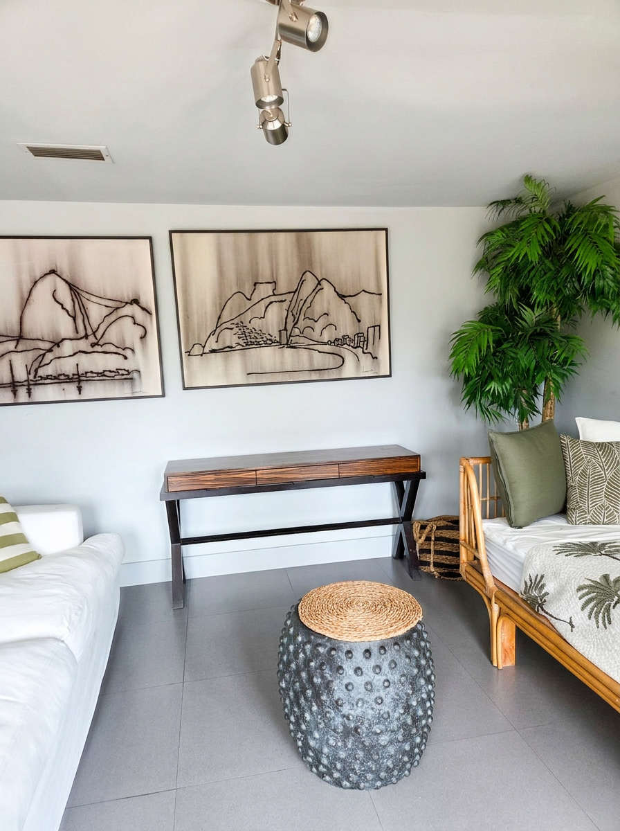 Den corner with charcoal Rio sketches, rattan daybed, and palm plant