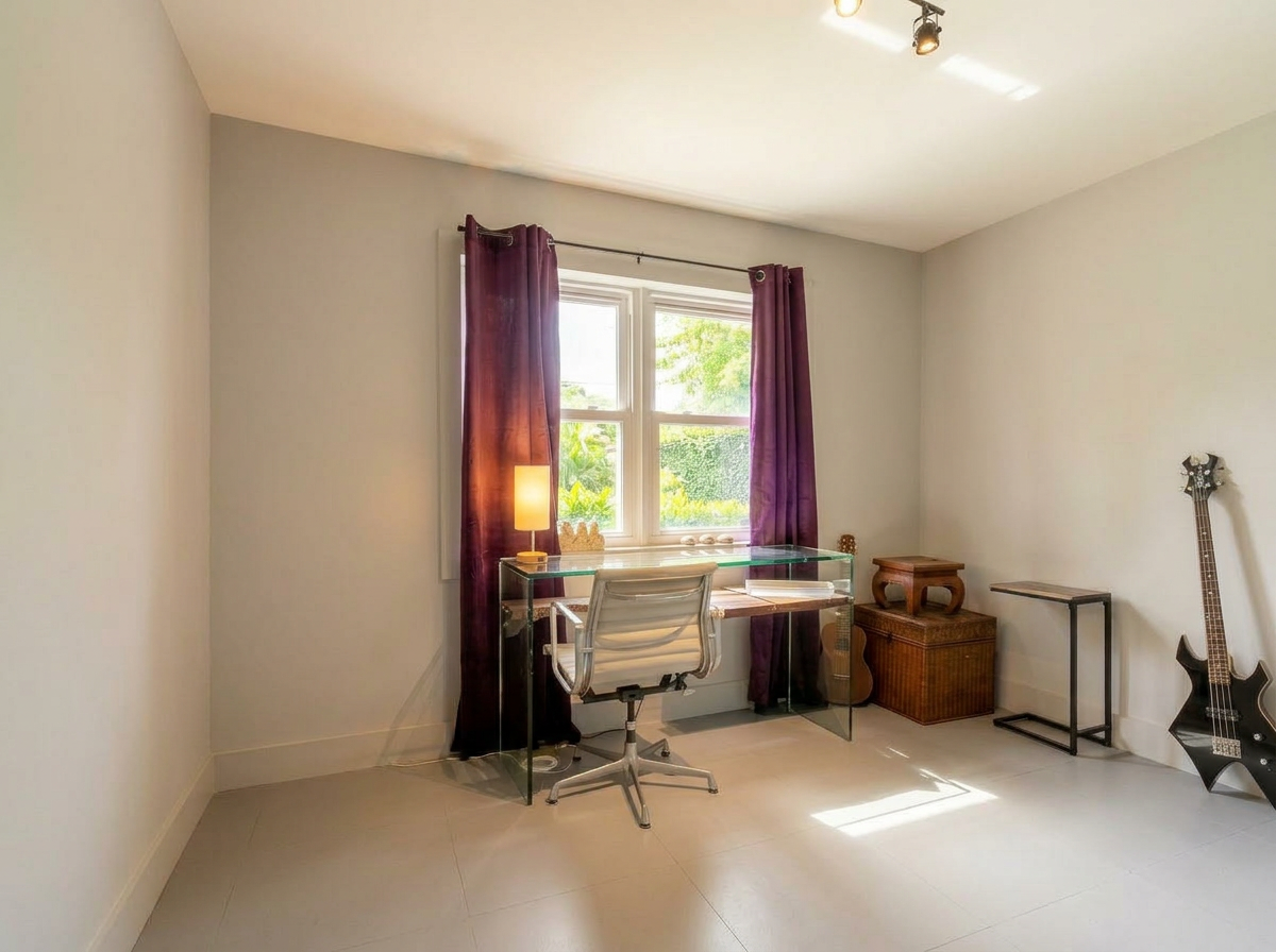 Third bedroom with glass desk and garden window