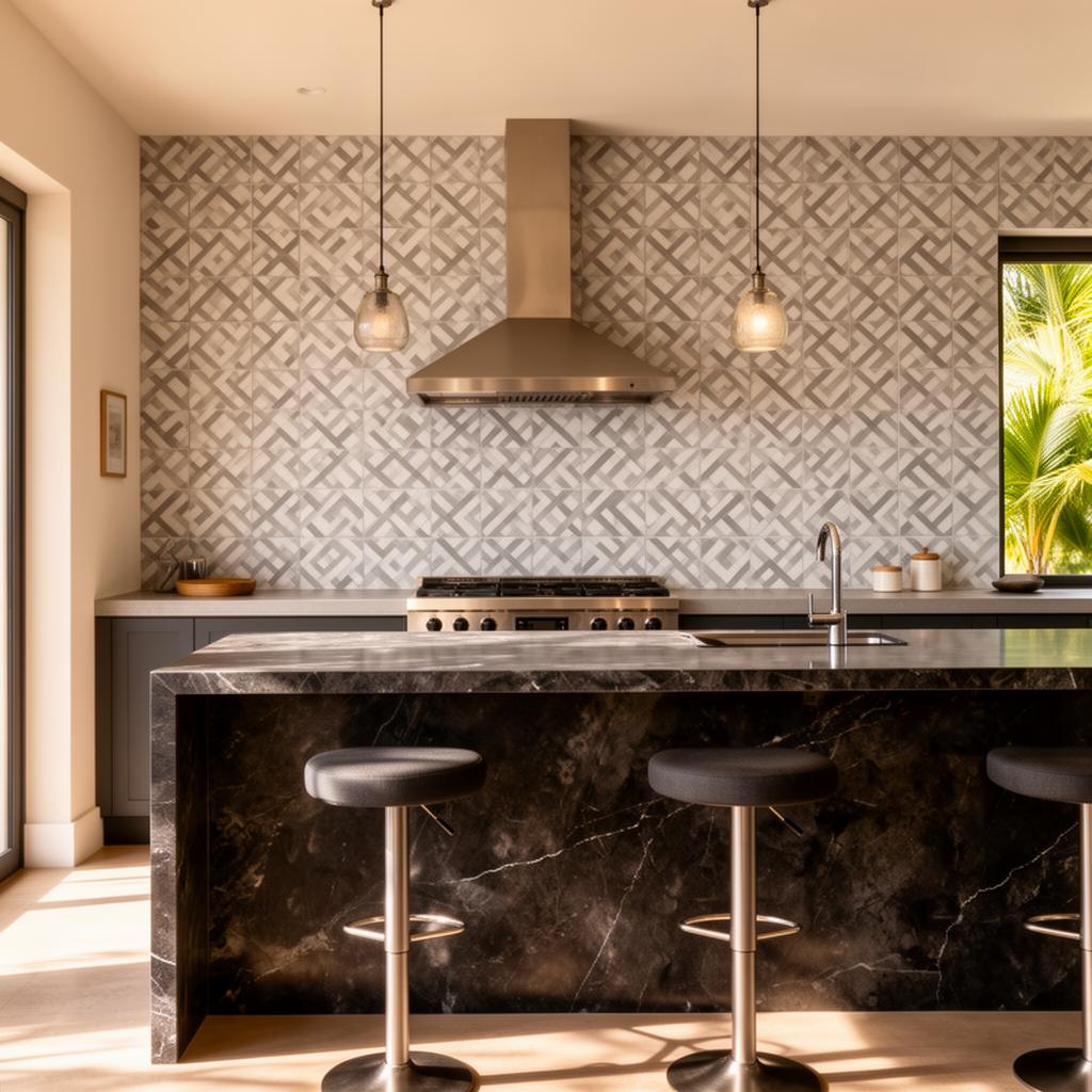 Marble waterfall island with turquoise tile backsplash
