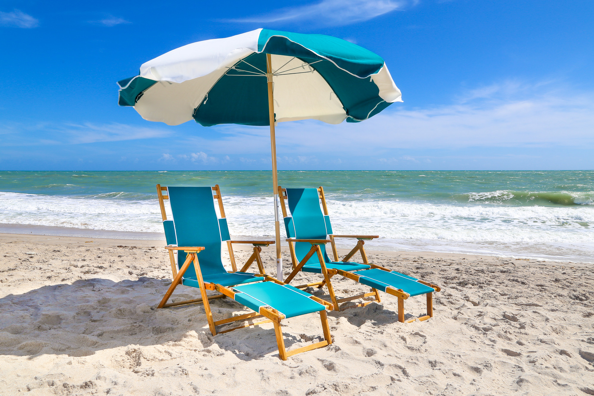 Beach chairs and umbrella setup on Hollywood Beach
