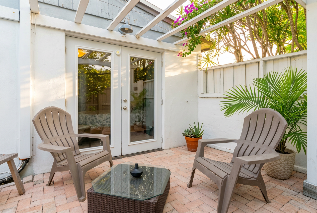 Private side patio with Adirondack chairs under pergola